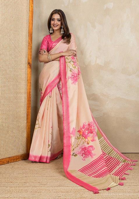 Beige Printed Silk Saree Set