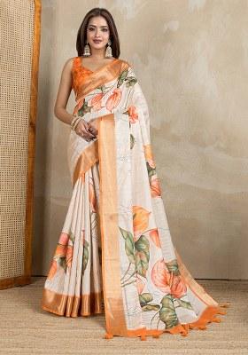 Cream Printed Silk Saree Set