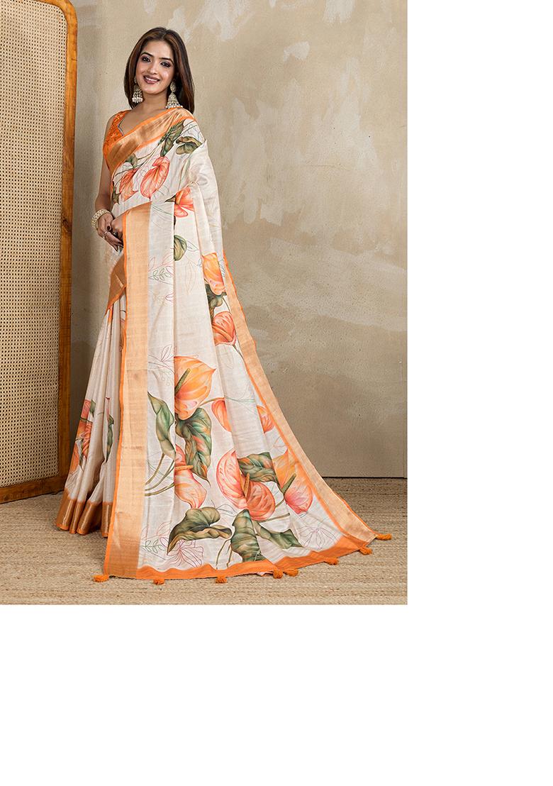 Cream Printed Silk Saree Set - Indya