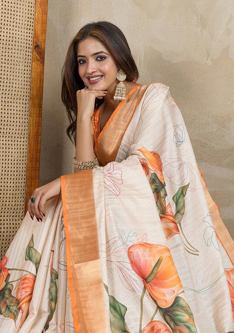 Cream Printed Silk Saree Set - Indya