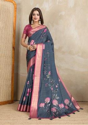 Dark Grey Printed Silk Saree Set