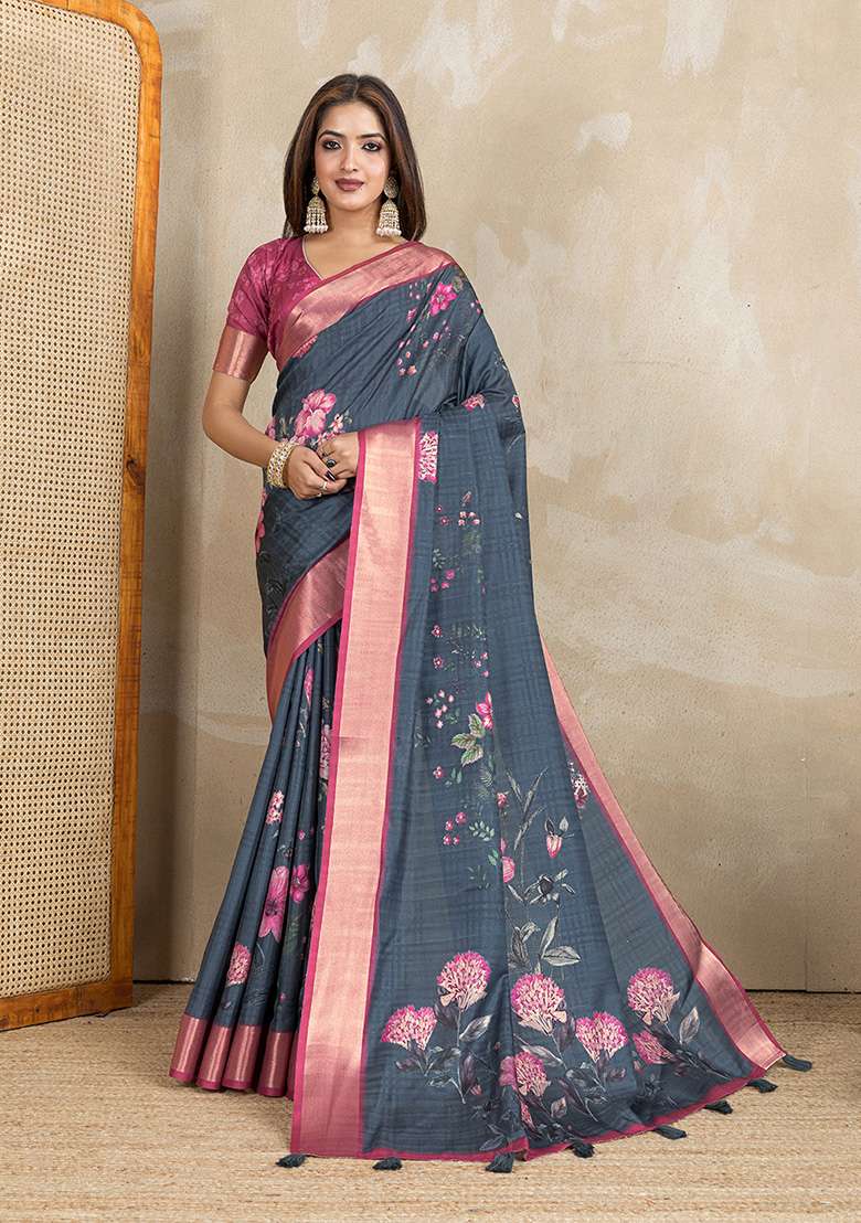Dark Grey Printed Silk Blend Saree Set for Diwali and Festive Wear - Indya