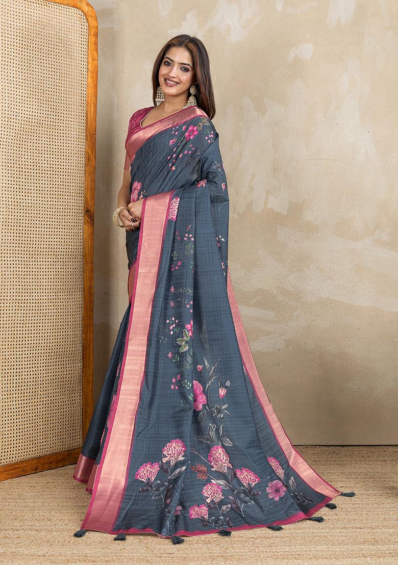 Dark Grey Printed Silk Saree Set - Indya