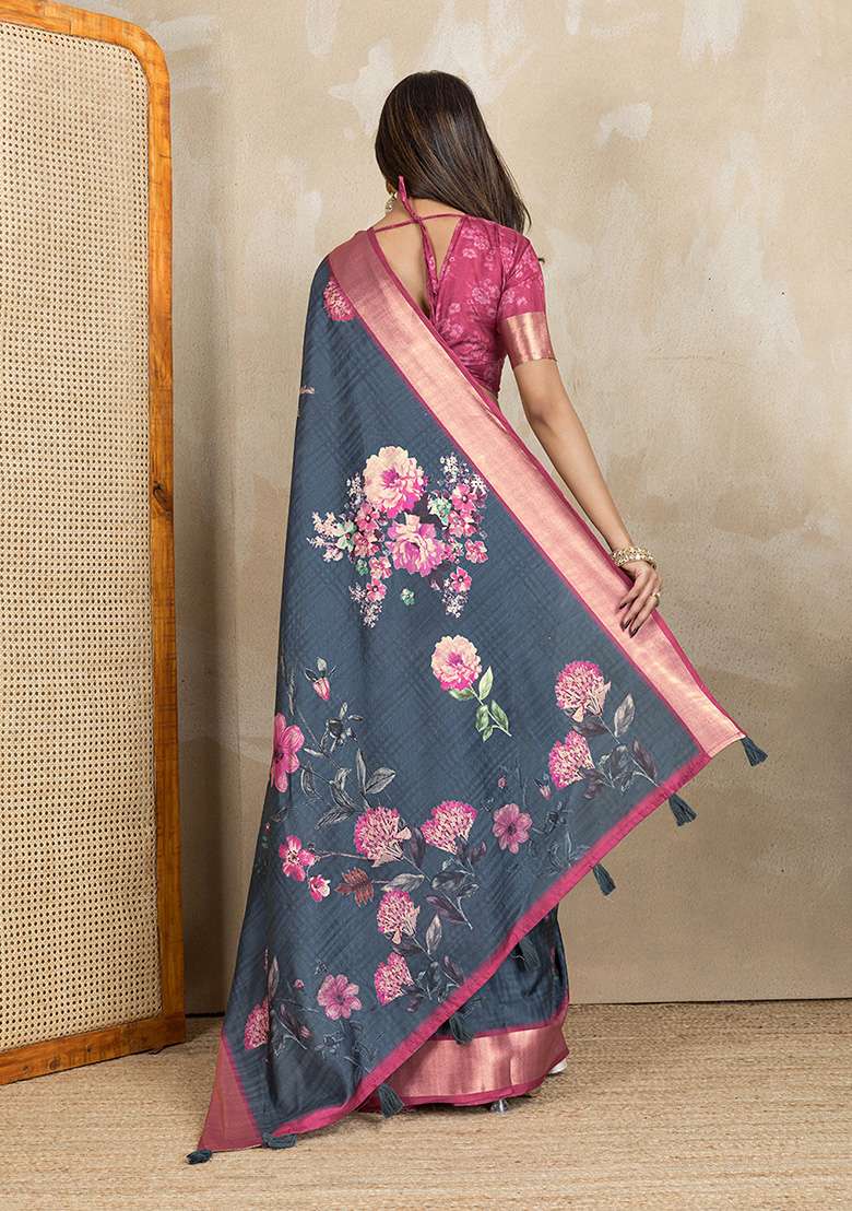 Dark Grey Printed Silk Blend Saree Set for Diwali and Festive Wear - Indya