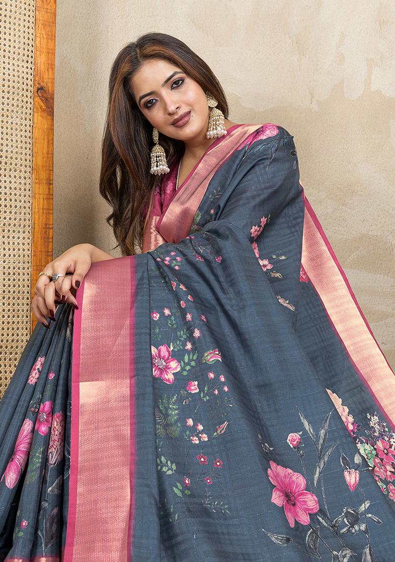Dark Grey Printed Silk Saree Set - Indya