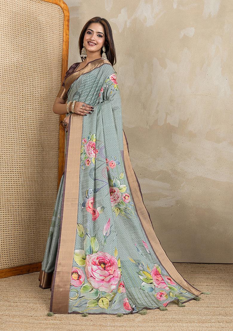 Light Grey Printed Silk Saree Set - Indya