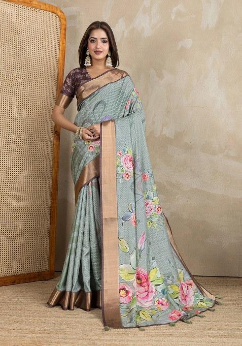 Light Grey Printed Silk Saree Set