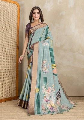 Sea Green Printed Silk Saree Set