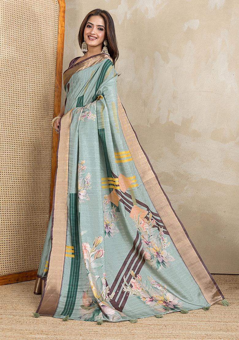 Sea Green Printed Silk Saree Set - Indya