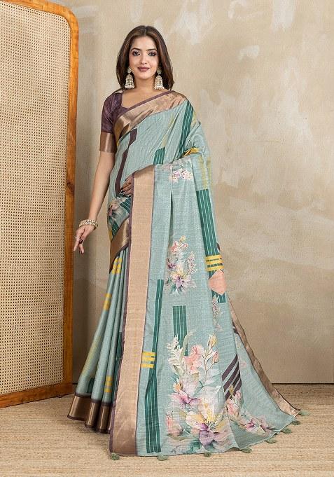 Sea Green Printed Silk Saree Set