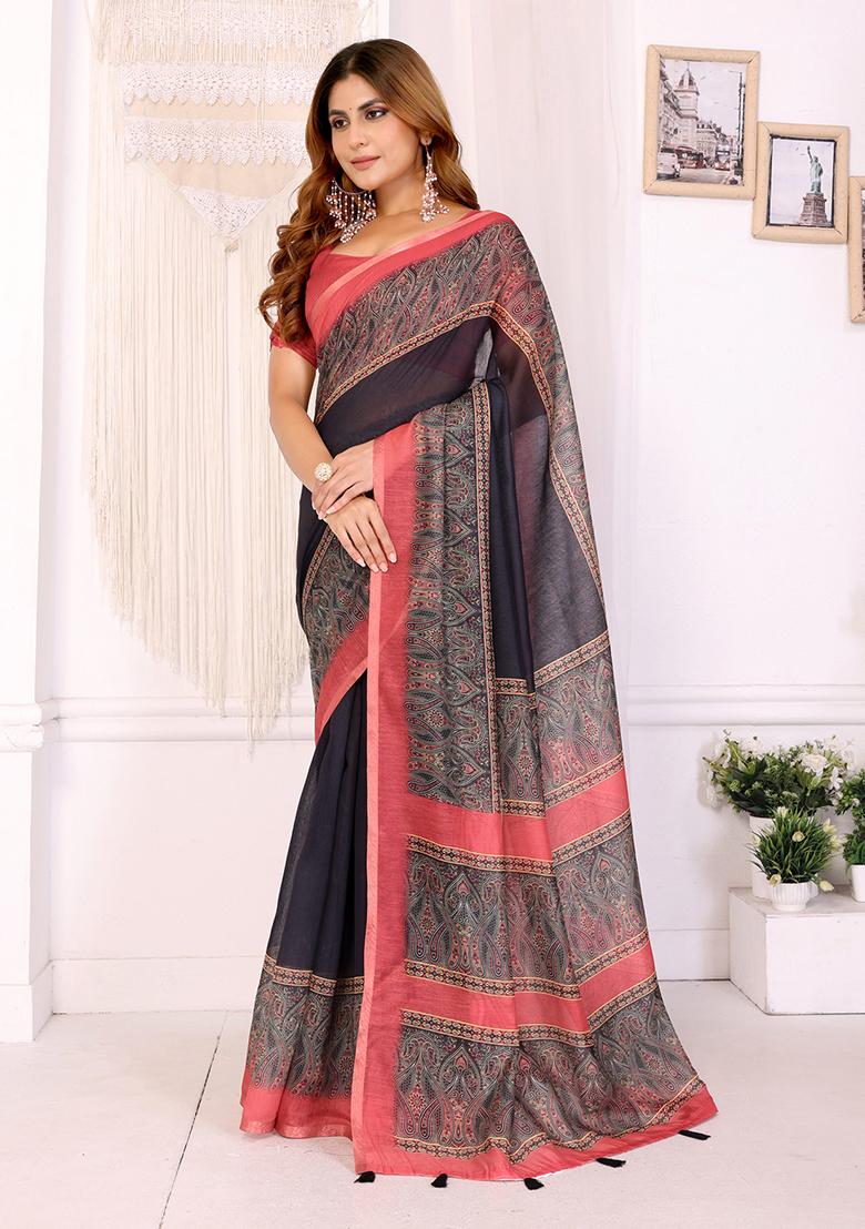 Black Printed Linen Saree Set - Indya