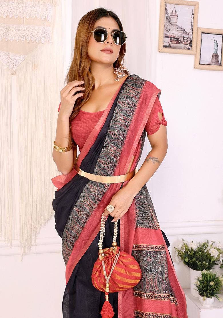 Black Printed Linen Saree Set - Indya