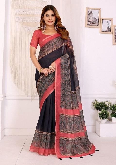 Black Printed Linen Saree Set