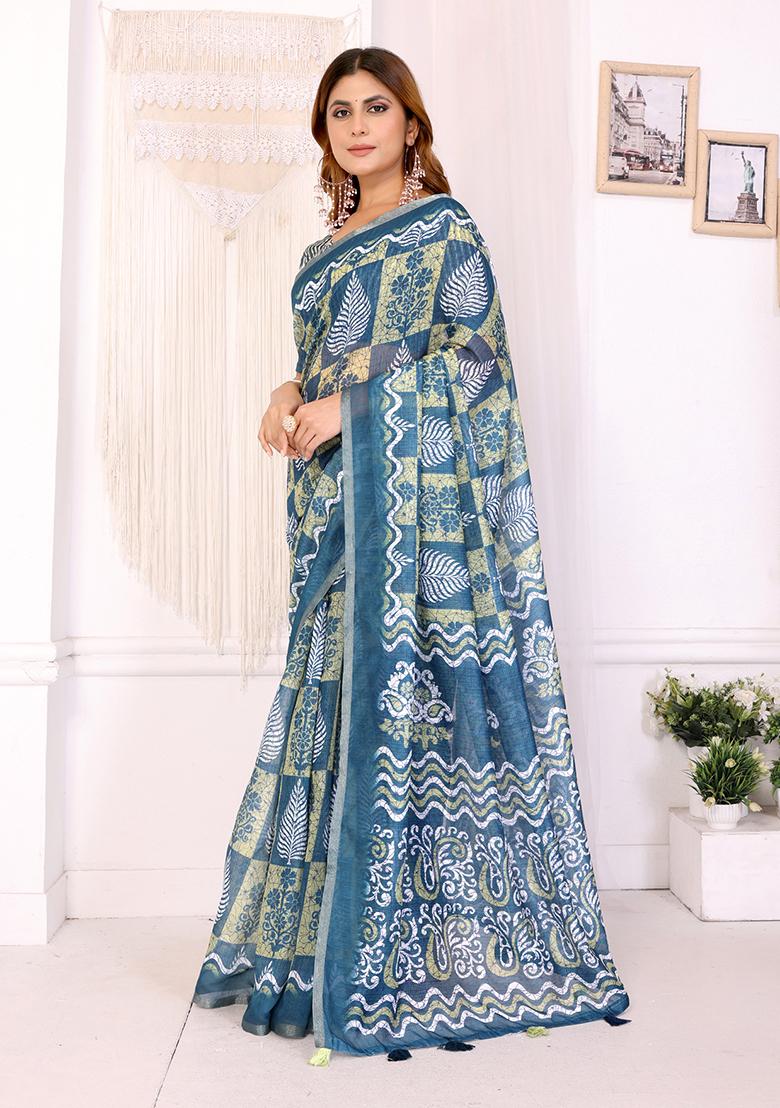 Blue Printed Linen Saree Set - Indya