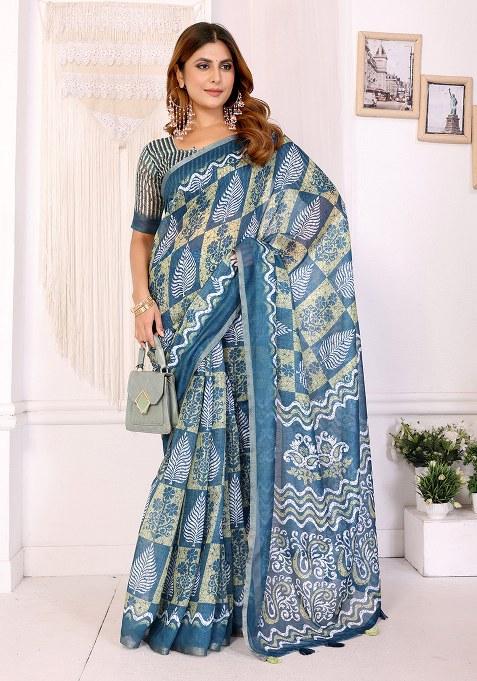 Blue Printed Linen Saree Set