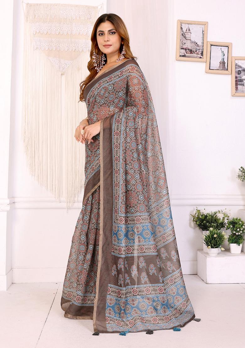 Brown Printed Linen Saree Set - Indya