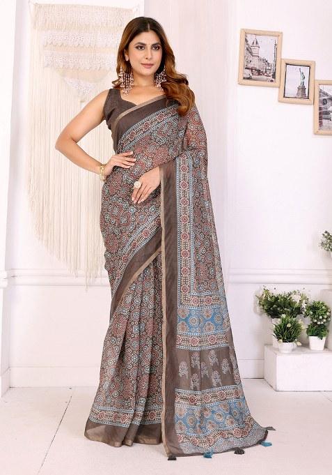Brown Printed Linen Saree Set