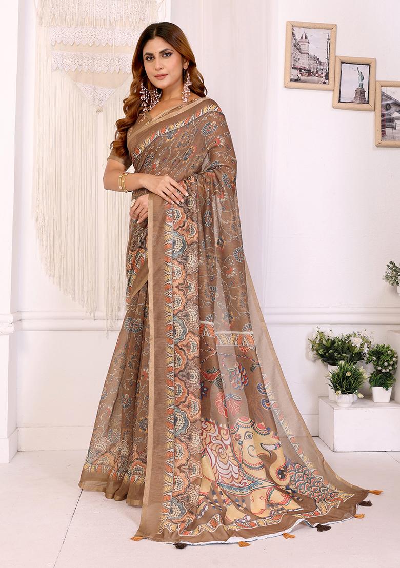 Caramel Brown Printed Linen Saree Set - Indya