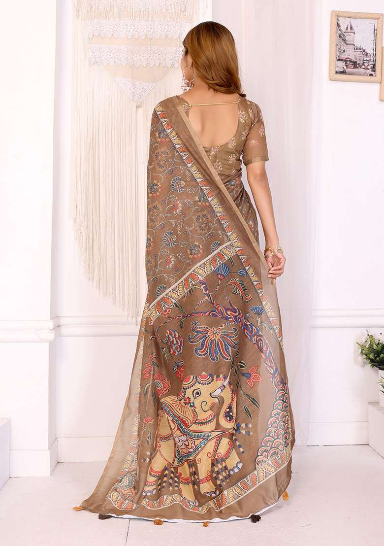Caramel Brown Linen Saree Set with Printed for Diwali | Wedding & Festive Wear - Indya