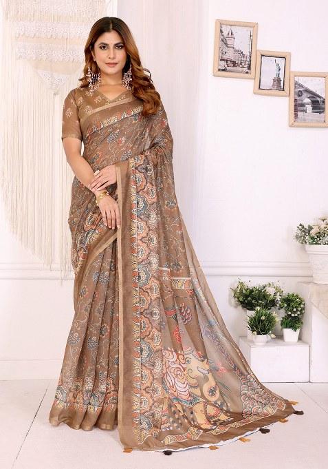 Caramel Brown Printed Linen Saree Set