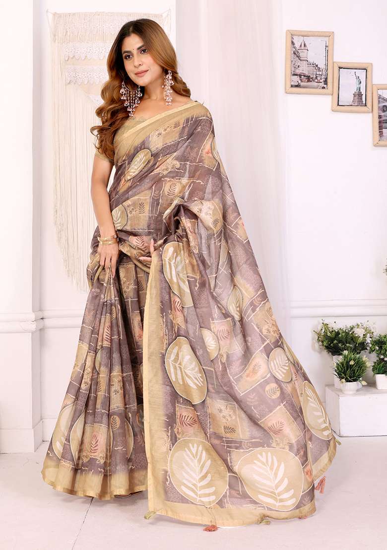 Cream Linen Saree Set with Printed for Diwali | Wedding & Festive Wear - Indya