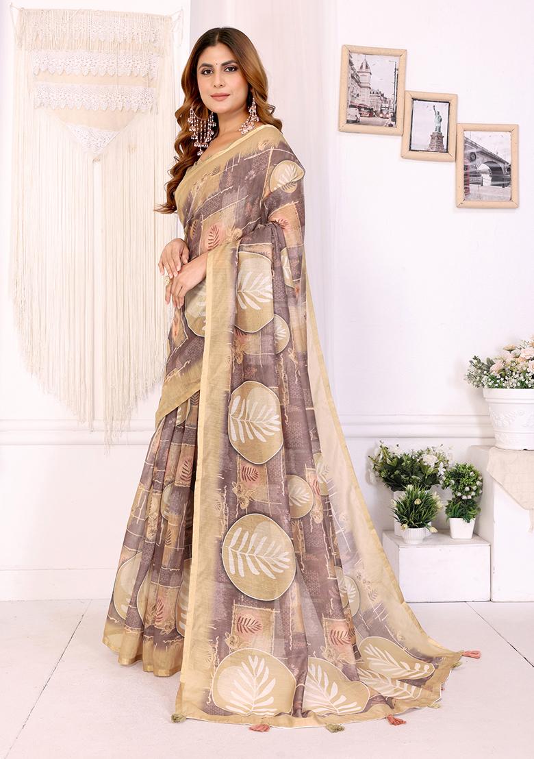 Cream Printed Linen Saree Set - Indya