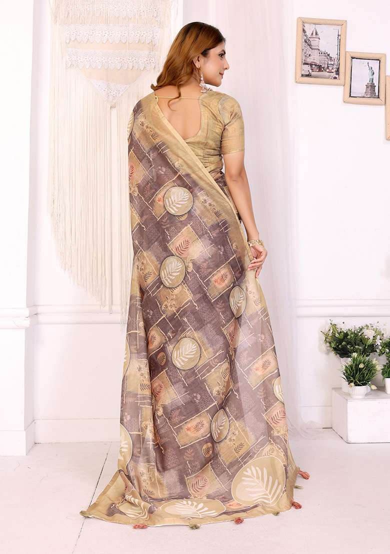 Cream Linen Saree Set with Printed for Diwali | Wedding & Festive Wear - Indya