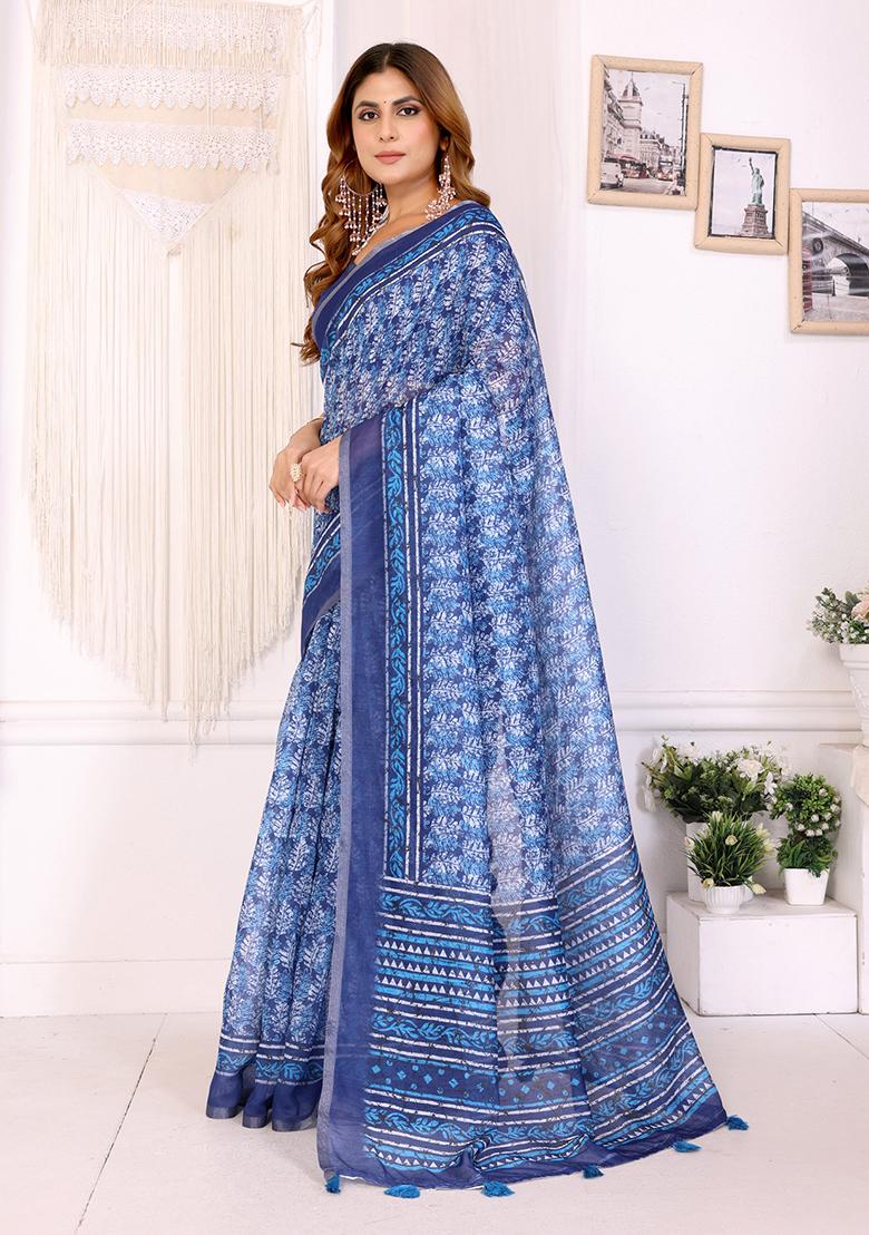 Dark Blue Printed Linen Saree Set - Indya