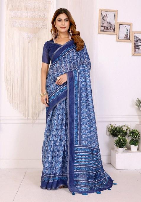 Dark Blue Printed Linen Saree Set