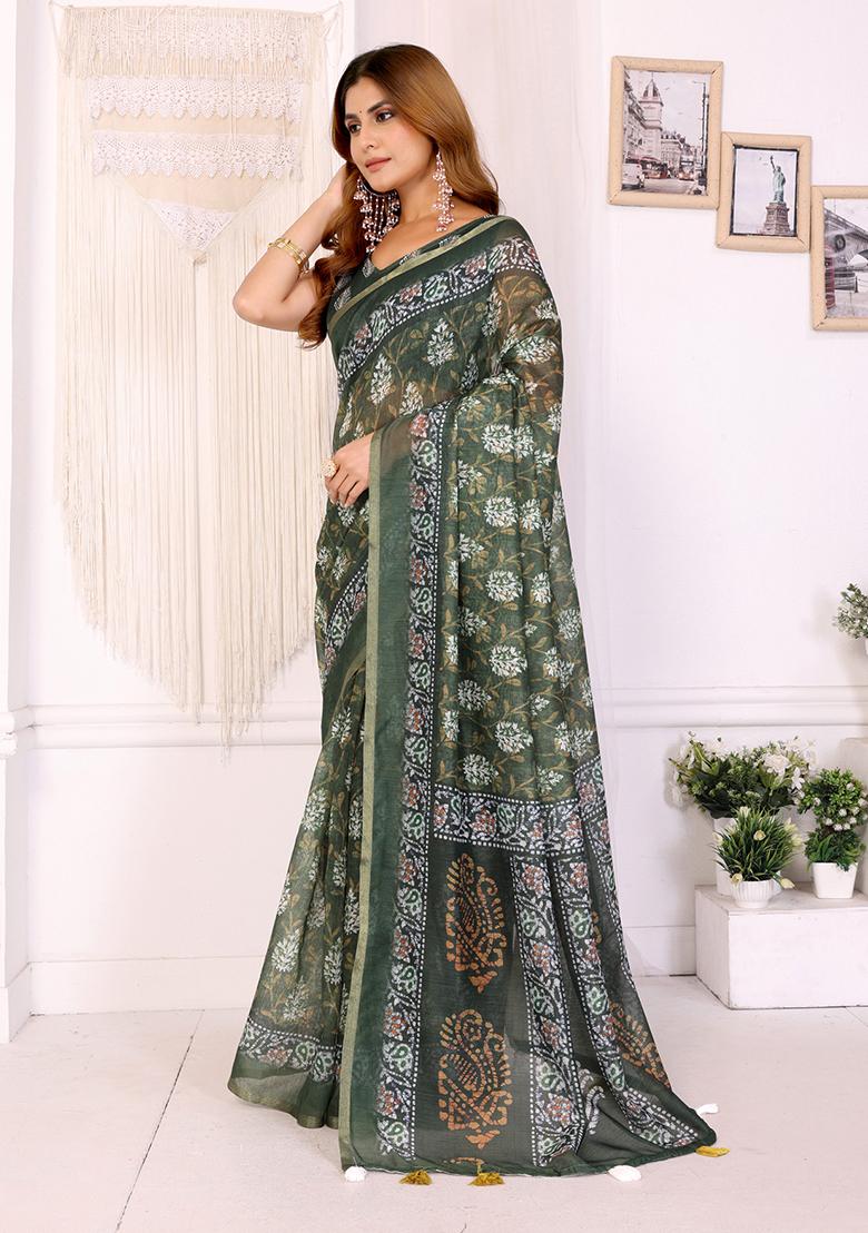 Dark Green Printed Linen Saree Set - Indya
