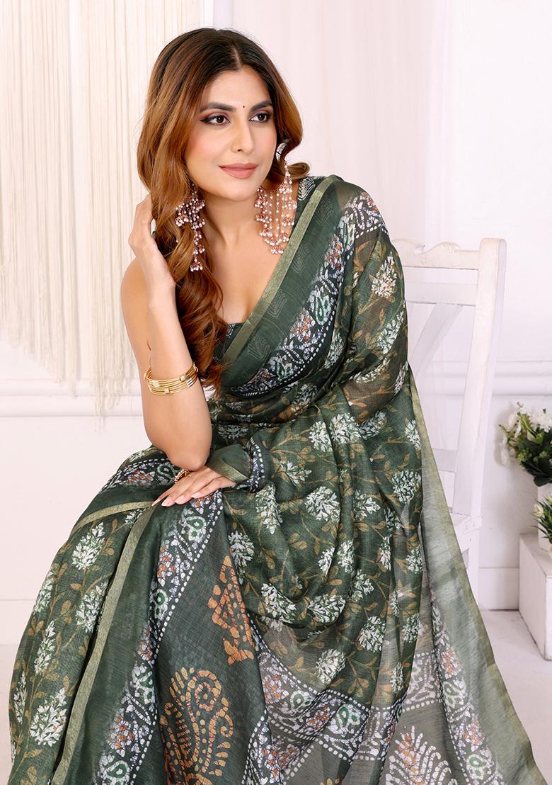 Dark Green Printed Linen Saree Set - Indya