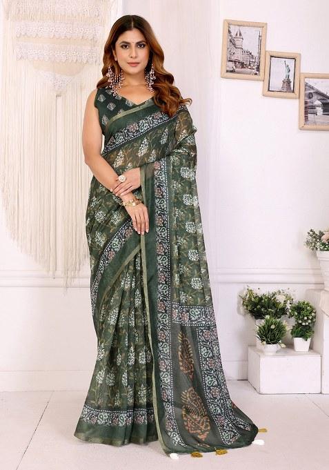 Dark Green Printed Linen Saree Set