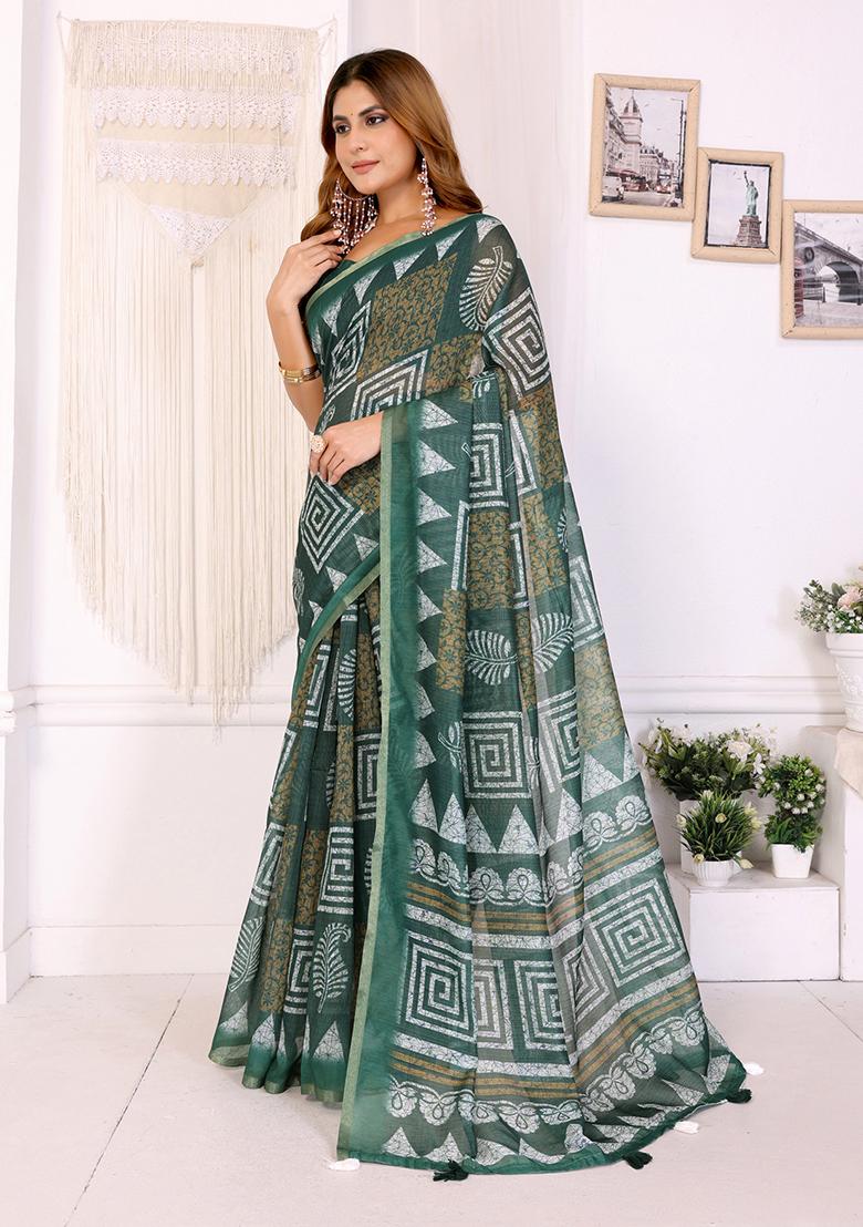 Green Printed Linen Saree Set - Indya