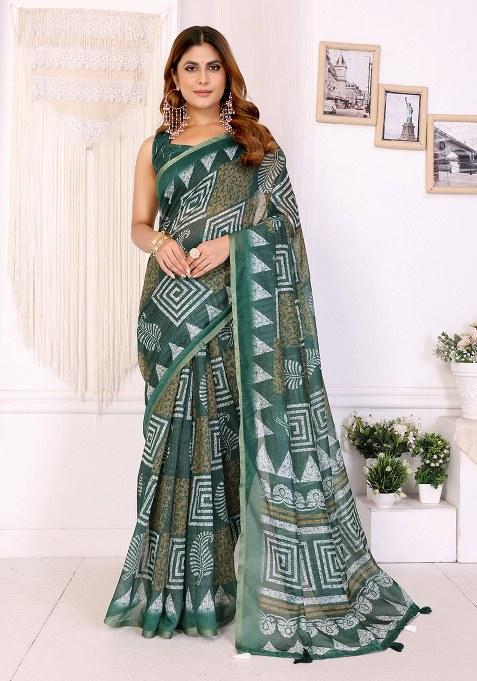 Green Printed Linen Saree Set