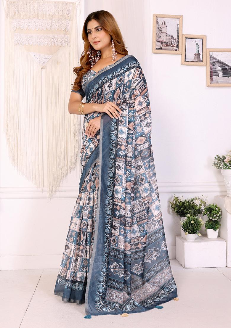 Rama Blue Printed Linen Saree Set - Indya