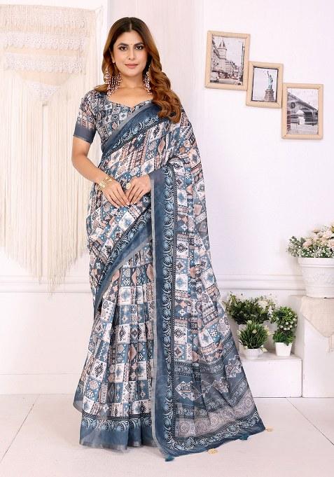 Rama Blue Printed Linen Saree Set
