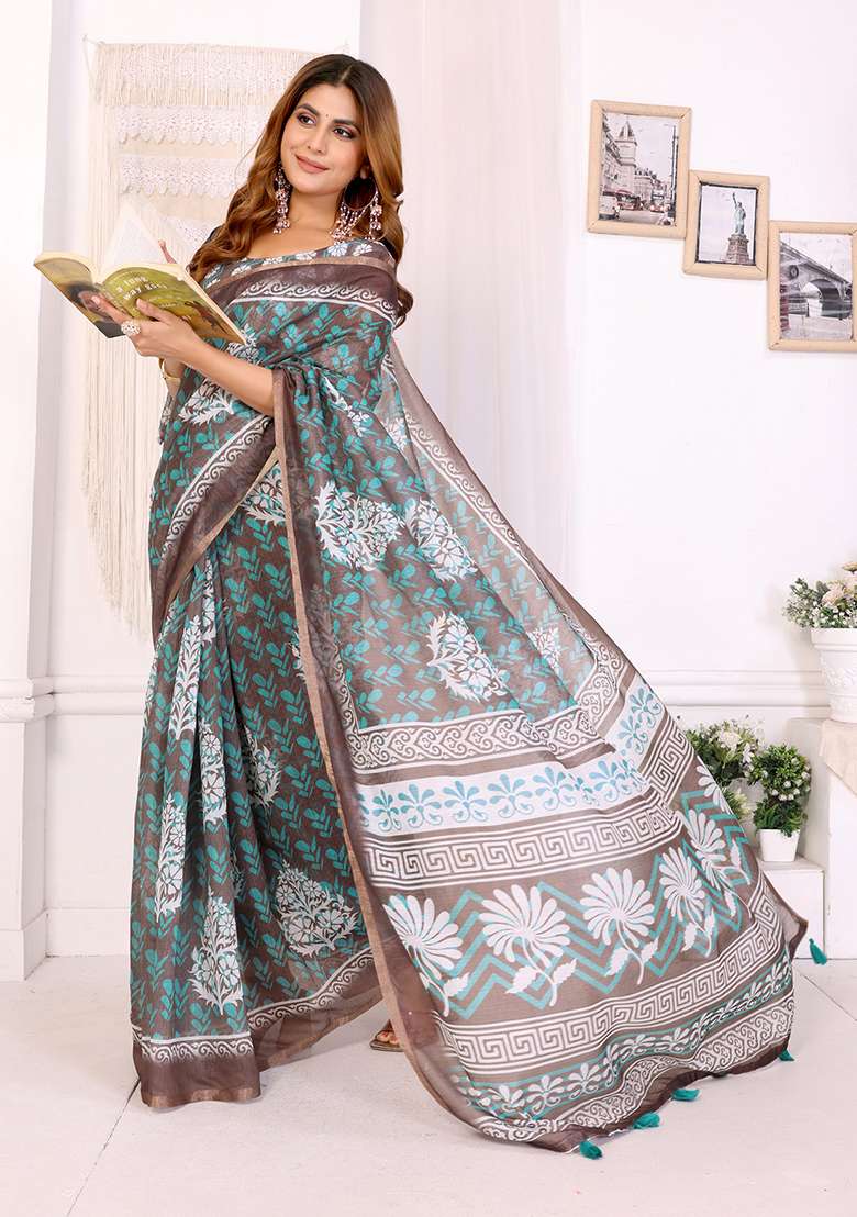 Rama Brown Linen Saree Set with Printed for Diwali | Wedding & Festive Wear - Indya