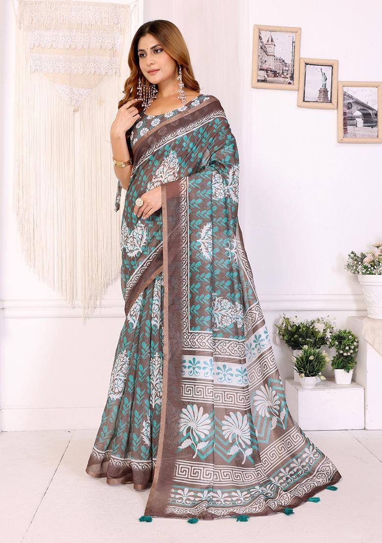 Rama Brown Printed Linen Saree Set - Indya