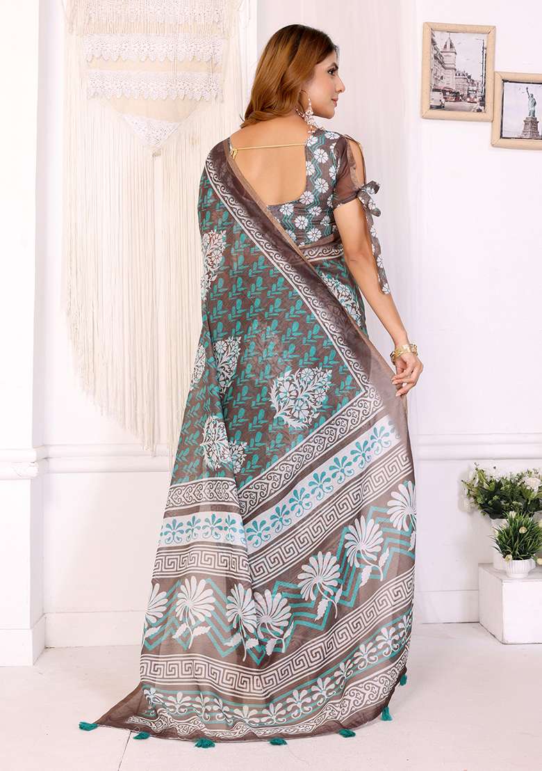 Rama Brown Linen Saree Set with Printed for Diwali | Wedding & Festive Wear - Indya