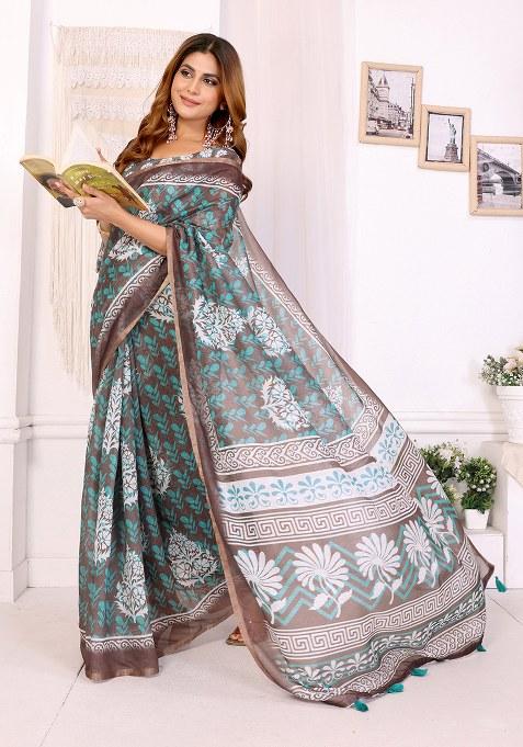 Rama Brown Printed Linen Saree Set