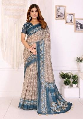 Beige Printed Linen Saree Set