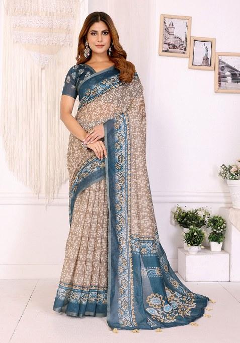Beige Printed Linen Saree Set