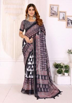 Black Printed Linen Saree Set