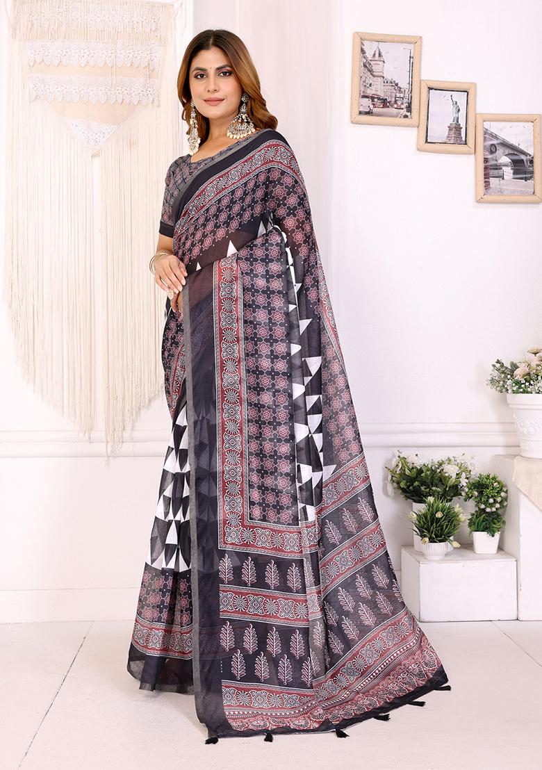 Black Printed Linen Saree Set - Indya