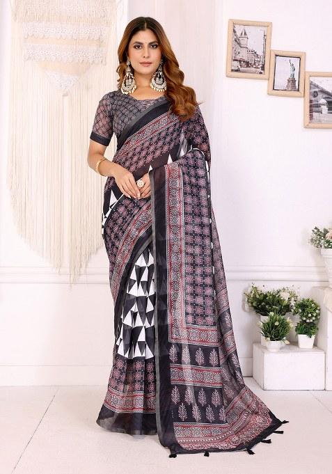Black Printed Linen Saree Set