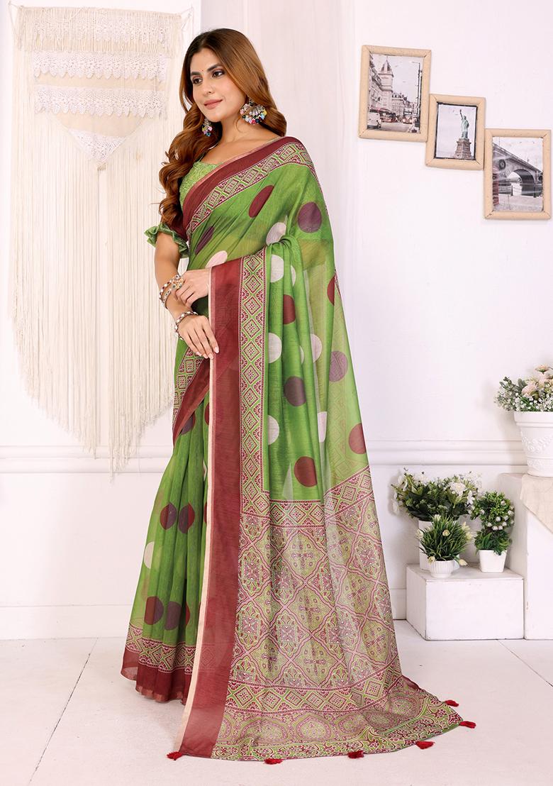 Green Printed Linen Saree Set - Indya