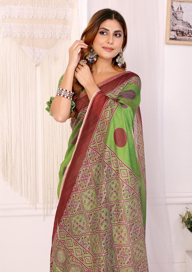 Green Printed Linen Saree Set - Indya
