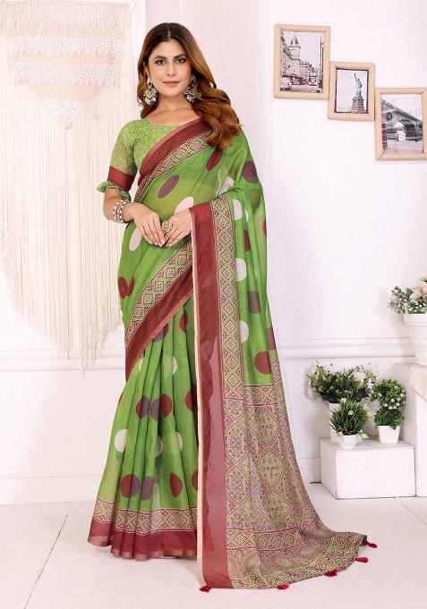 Green Printed Linen Saree Set