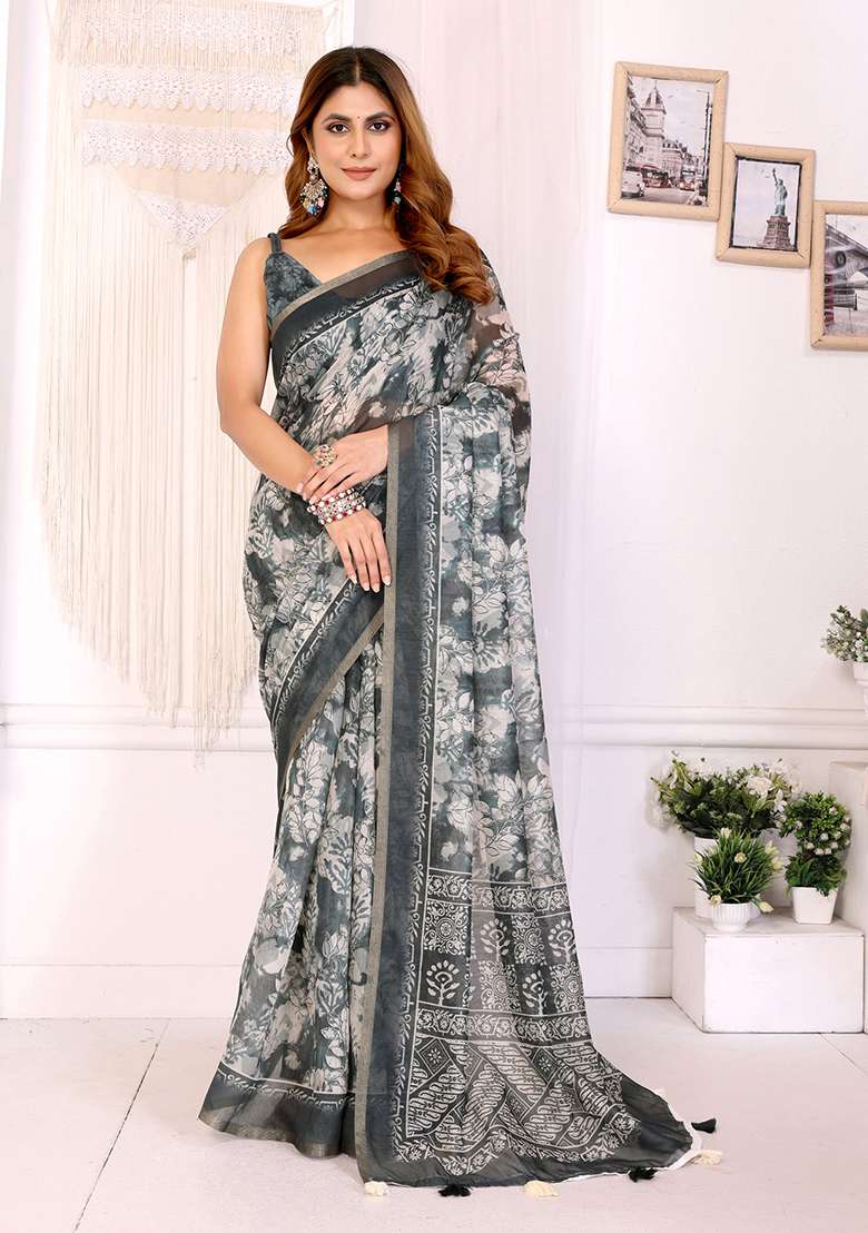 Grey Printed Linen Saree Set for Diwali and Festive Wear - Indya