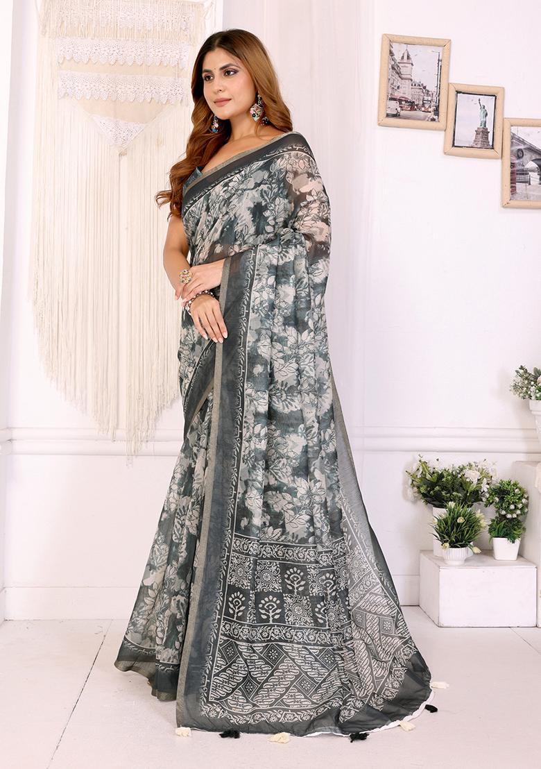 Grey Printed Linen Saree Set - Indya